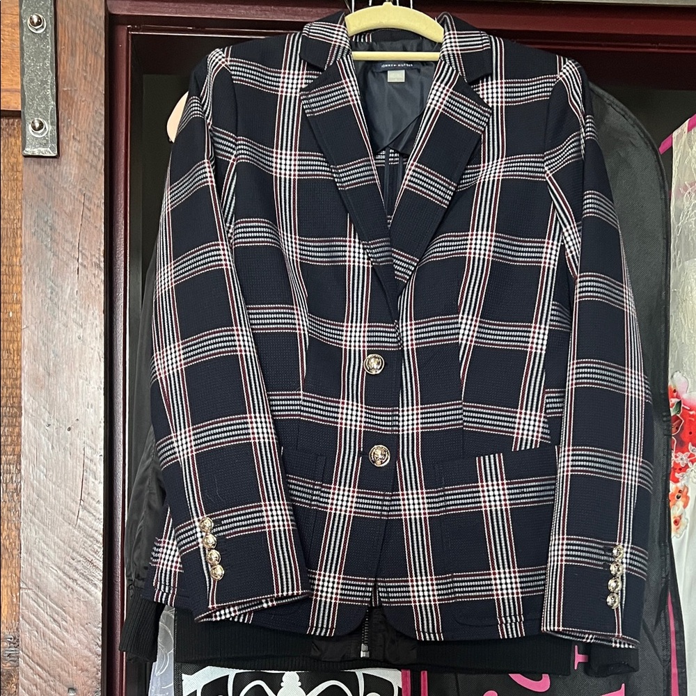 Tommy Hilfiger Black Plaid Blazer with White & Red Windowpane